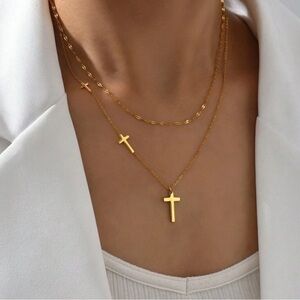 Gold Plated Stainless Steel Cross Layered Necklace